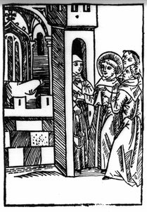 De legende van Sint Brendan (Brandan), held en Ierse heilige uit de 6e eeuw. Een van de monniken steelt een kelk. Gravure uit 