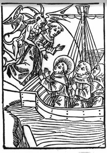 De legende van Sint Brendan (Brandan), held en Ierse heilige van de 6e eeuw. Het gebed van Sint Brandan redt de zondige monnik. Gravure van 