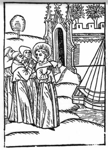 De legende van Sint Brendan, held en Ierse heilige van de 6e eeuw. De monniken en Sint Brendan ontdekken het Aardse Paradijs. Gravure van 
