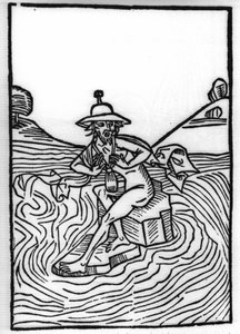 De legende van Sint Brendan, held en Ierse heilige van de 6e eeuw: De ontmoeting met Judas die lijdt onder vele kwellingen. Gravure van 
