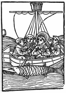 De legende van Sint Brendan (Brandan), held en Ierse heilige van de 6e eeuw: De ontmoeting met de reuzenvis Isconius. Gravure van 