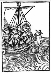 De legende van Sint Brendan, held en Ierse heilige van de 6e eeuw. De ontmoeting van Sint Brendan met de sirene. Gravure uit 