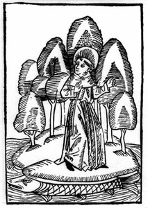 De legende van Sint Brendan (Brandan), held en Ierse heilige uit de 6e eeuw. De heilige bevindt zich op een bos op de rug van een vis. Gravure uit 