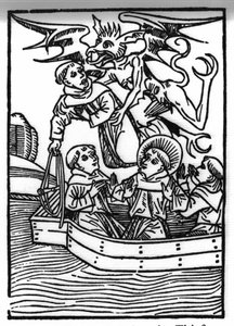 De legende van Sint Brendan (Brandan), held en Ierse heilige van de 6e eeuw. De duivel neemt de diefmonnik mee. Gravure van Die Wunderbare Meerfahrt des Hl. Brandan. Bale door Swiss School