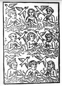 De legende van Sint Brendan: de vuren van het vagevuur en de vuurvogels (gravure uit 