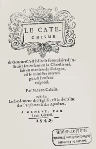 Titelpagina van de Catechismus van Johannes Calvijn, gepubliceerd Genève, 1549 door Swiss School