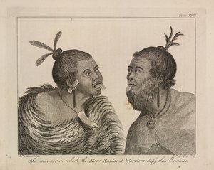 L.R.294.c.7, plaat XVII Nieuw-Zeelandse krijgers door Sydney (after) Parkinson