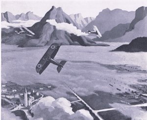 Britse verkenners verlaten hun vliegveld voor patrouille boven het Asiago Plateau, Italië, uit British Adventure gepubliceerd door Collins, 1947 door Sydney Carline