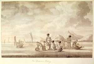Nieuw-Zeelanders aan het vissen, januari 1770 door Sydney Parkinson