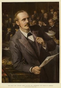 De zeer eerbiedwaardige Arthur James Balfour, MP, spreekt het Lagerhuis toe