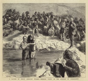 Een doop van Noord-Amerikaanse Indianen, Mormonen die zich voordoen als de apostelen van het christendom door Sydney Prior Hall