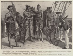 Een verkoop van een levend hoofd, een scène aan boord van een schip voor de kust van Nieuw-Zeeland zeventig jaar geleden door Sydney Prior Hall