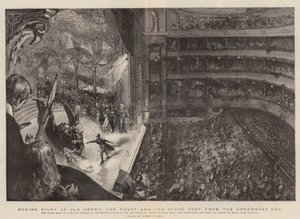 Bokswedstrijdavond in Old Drury, het Huis en het Podium gezien vanuit de Hoogste Loge