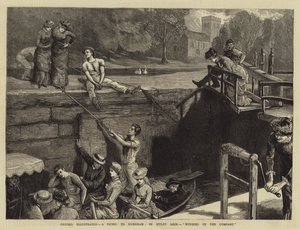 Oxford geïllustreerd, een picknick naar Nuneham, in Iffley Lock, het gezelschap opwinden door Sydney Prior Hall