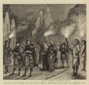 Het Hof in de Hooglanden, de Koningin en de Prins van Wales gaan naar het Gillies