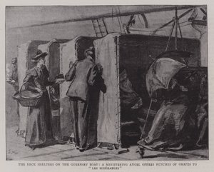 De Dekschuilplaatsen op de Guernsey-boot, een Verzorgende Engel biedt Trossen Druiven aan Les Miserables