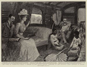 De tour van de hertog van Cornwall, een schets in de koninklijke salonwagen op de spoorweg van Colombo naar Kandy