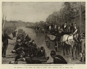 De inspectie door Hare Majesteit de Koningin van het Ambulancekorps van Kolonel Seely in Windsor Park door Sydney Prior Hall