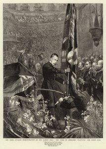 De Ierse Loyalistische Demonstratie in de Albert Hall, de Hertog van Abercorn die de Union Jack plant
