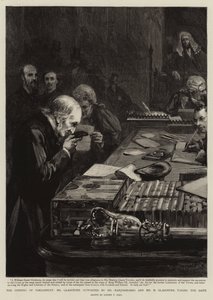 De opening van het parlement, Mr. Gladstone, ondersteund door Mr. Marjoribanks en Mr. H. Gladstone, legt de eed af