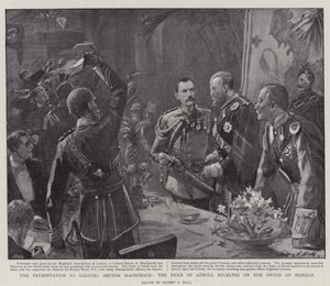 De presentatie aan kolonel Hector MacDonald, de hertog van Atholl die het Ere-zwaard vastmaakt door Sydney Prior Hall