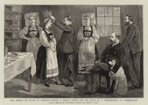 De prins van Wales in Noorwegen, probeert een bruidskroon op het hoofd van een dienstmeid in Vossevangen door Sydney Prior Hall