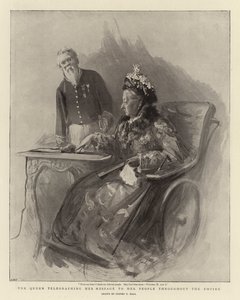 De koningin telegrafeert haar boodschap aan haar volk in het hele rijk door Sydney Prior Hall