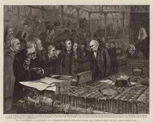 De heropening van het parlement, Mr. Gladstone betreedt het huis tijdens de toespraak van Mr. Fowler over de Parish Councils Bill
