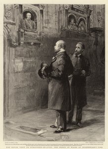 Het Koninklijk Bezoek aan Stratford-on-Avon, de Prins van Wales bij het Graf van Shakespeare