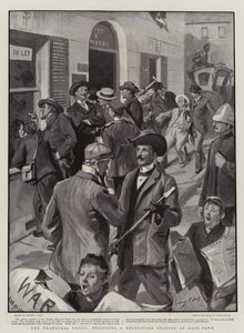 De Transvaal Crisis, belegering van een wervingsstation in Kaapstad door Sydney Prior Hall