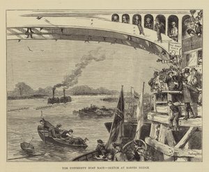 De universiteitsbootrace, schets bij Barnes Bridge
