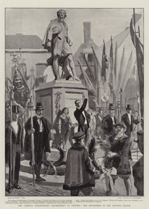 De Vandyck Tercentenary Vieringen in Antwerpen, de Decoratie van het Standbeeld van de Meester door Sydney Prior Hall