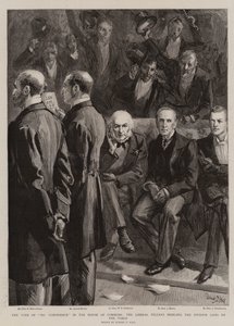 De motie van wantrouwen in het Lagerhuis, de liberale tellers brengen de stemlijsten naar de tafel door Sydney Prior Hall