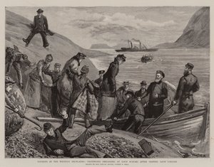 Toeristen in de Westelijke Hooglanden, Passagiers die inschepen bij Loch Scavaig na een bezoek aan Loch Coruisk door Sydney Prior Hall