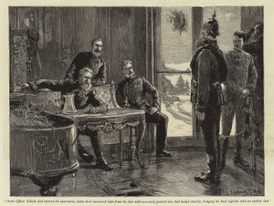 Onder-Officier Schultz had het appartement betreden, drie gemeten stappen vanaf de deur genomen met nauwkeurig gerichte tenen, was scherp gestopt en bracht zijn hielen samen met een hoorbare klik (gravure) door Sydney Prior Hall