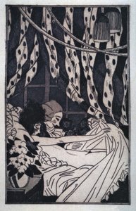 Erotiek: Giacomo Casanova (1725-1798) heft de lakens op om zijn naakte minnares te aanschouwen, begin 20e eeuw (ets) door Sylvain Sauvage