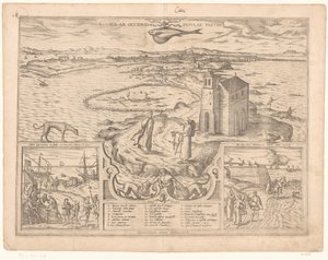 Gezicht op de landtong van Cádiz door Symon Novelanus (possibly)