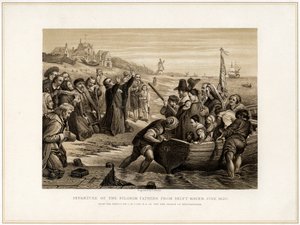 Vertrek van de Pelgrimsvaders uit Delft Haven, juli 1620, 19e eeuw