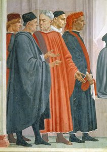 De opwekking van de zoon van Theophilus, koning van Antiochië, detail van hoogwaardigheidsbekleders aan het hof van de koning van Antiochië door Tommaso Masaccio
