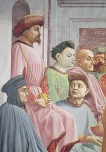 De opwekking van de zoon van Theophilus, koning van Antiochië, detail van de koning van Antiochië door Tommaso Masaccio