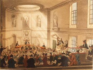 India House, de Verkoopkamer, uitgegeven door Ackermann door T. and Pugin A.C. Rowlandson