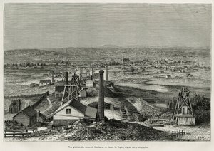 Algemeen overzicht van de mijnen van Sandhurst, gravure naar een tekening van Taylor, illustratie van het verhaal zes maanden in Australië, door Desire Charnay, missieopdracht door het Ministerie van Openbaar Onderwijs, in 1878, gepubliceerd in Le tour du  door T Taylor
