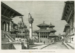 Plaats van het Koninklijk Paleis van Patan (Huidig Lalitpur). Gravure door Taylor ter illustratie van het verhaal 