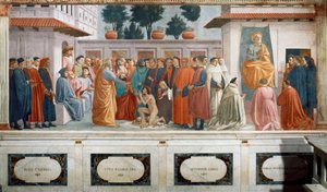 De Opwekking van de Zoon van Theophilus, de Koning van Antiochië, en St. Peter als Eerste Bisschop van Antiochië, c.1427 en c.1480 door T. Masaccio, F. Lippi