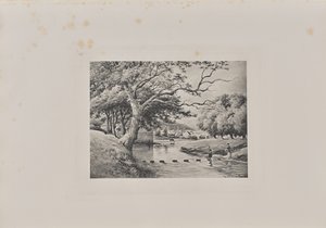 Kijkend naar de Old Bridge of Partick vanaf de Stepping-Stones door T. and R. Annan and Sons