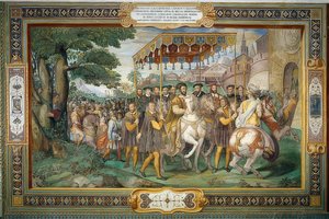 Koning Frans I ontvangt Karel V en kardinaal Alessandro Farnese in Parijs 1540