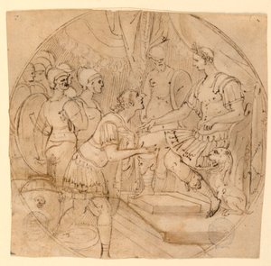 Ontwerp voor een bord of een tondo: Soldaten smekend voor een Romeinse generaal