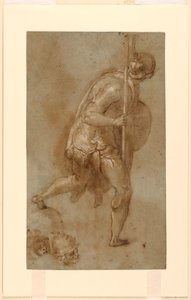 Soldaat rennend: Studie voor figuur in linker voorgrond, "Verraad van Christus," Rome, S. Maria della Consolazione, Matttei-kapel; aparte studies van twee hoofden door Taddeo Zuccaro