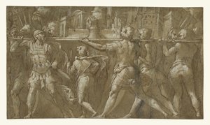 Soldaten die een model van een stad dragen door Taddeo Zuccaro