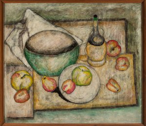 Stilleven met groene schaal en fruit door Tadeusz Makowski